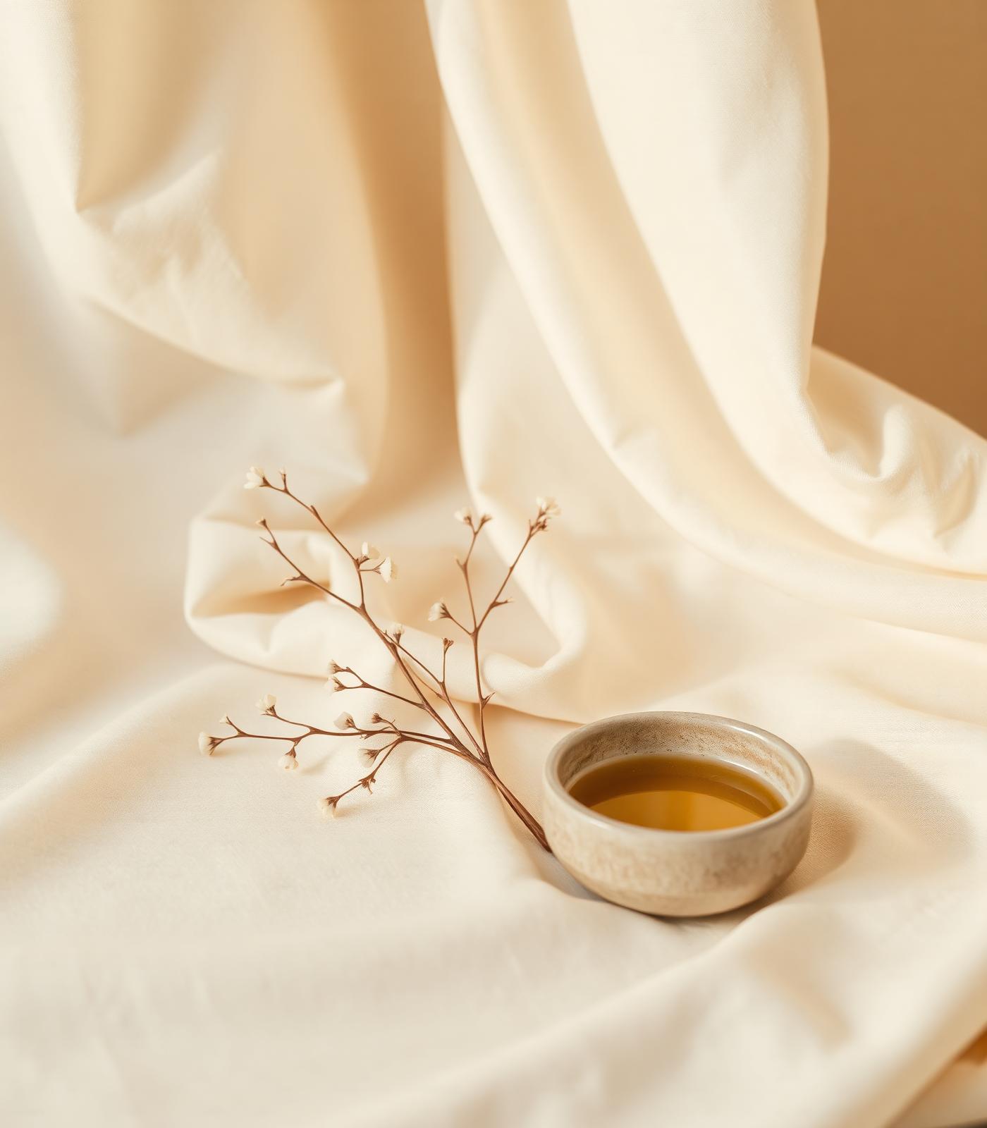 Soft cream draped linen with a small ceramic oil bowl