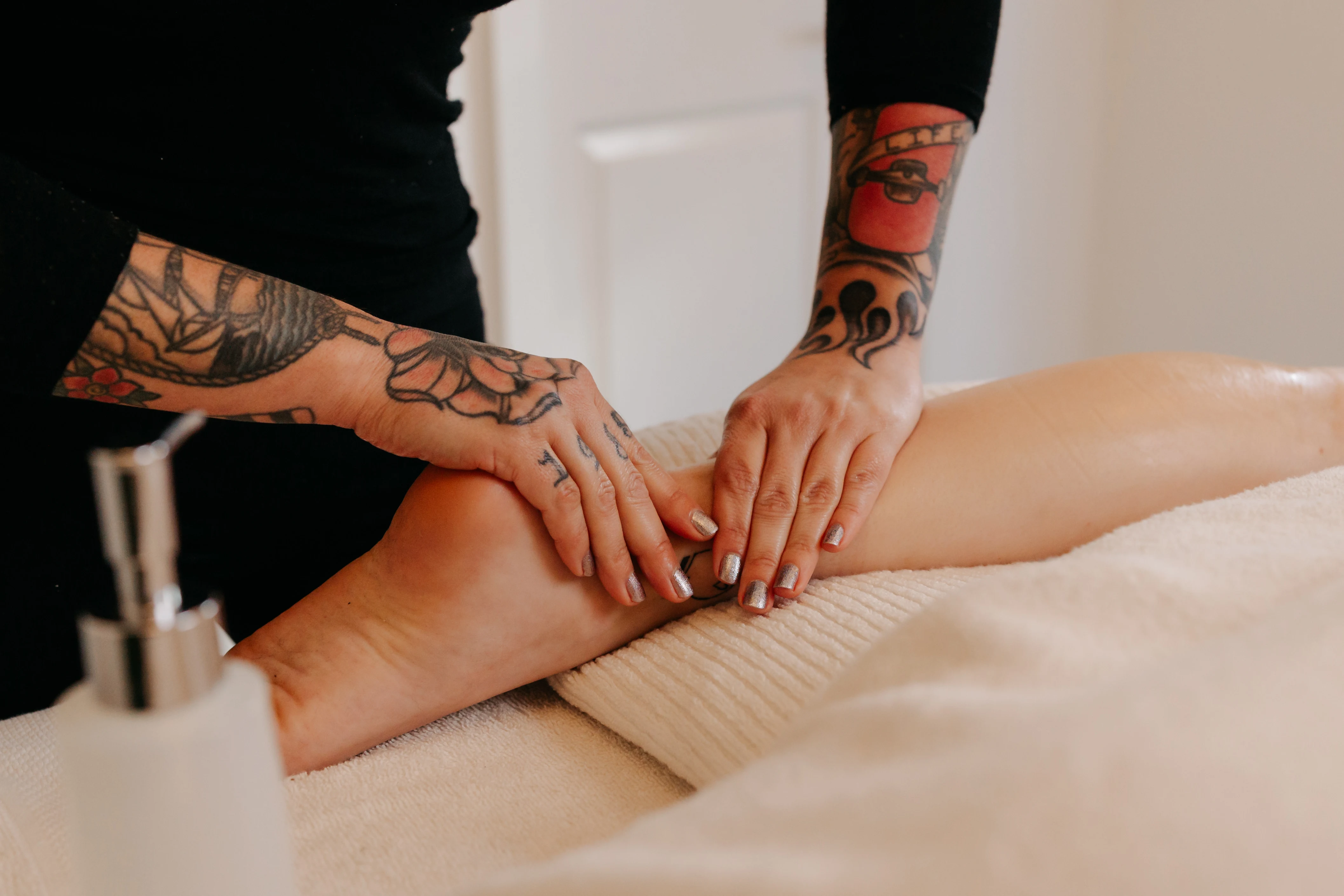 Extended foot and lower-leg work during a full-body Swedish massage in Kate's Lake Macquarie studio.